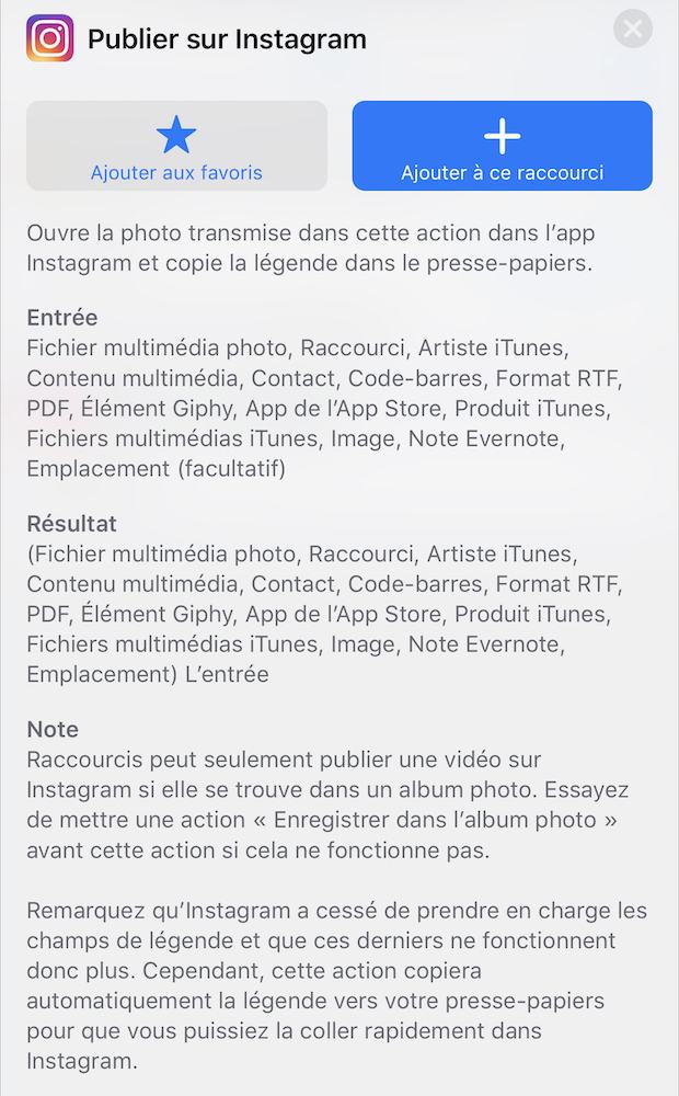 La documentation d'une action Raccourcis