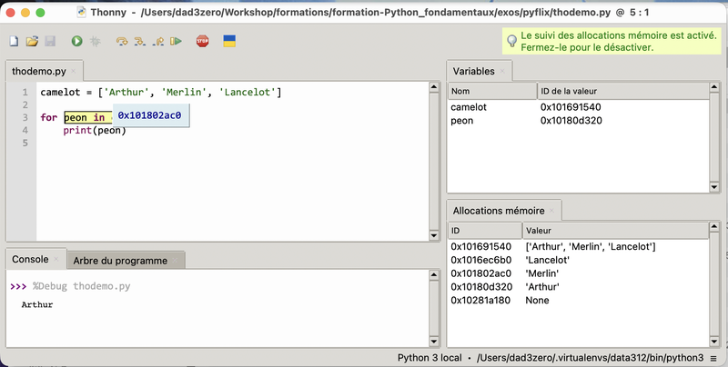 Le debugger de Thonny lors d'une boucle