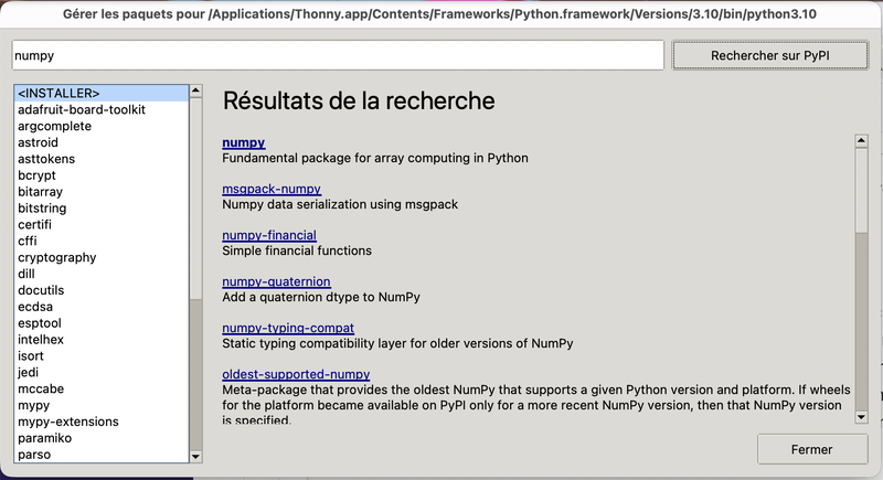 Le résultat de la recherche de numpy avec Thonny