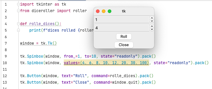 L'appli TkInter avec des widgets Spinbox
