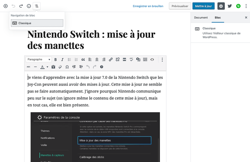 Un acien article sous un bloc classique avec Gutenberg